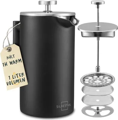 A black French press coffee maker with its plunger assembly shown separately.