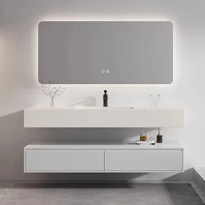 Image de Ensemble de meubles de salle de bains – pierre frittée – lavabo, miroir à LED, meuble de rangement, accessoires de vidange, fixation murale, design moderne 130 × 55 cm 【CB184-130】