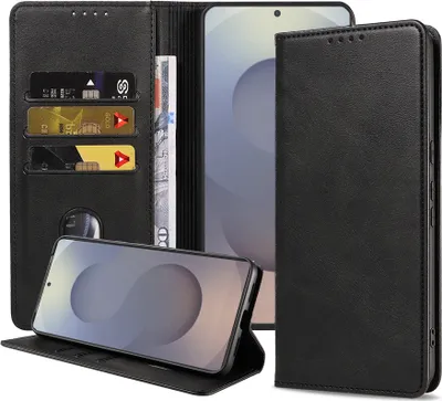Image de Smartphonica Étui pour téléphone portable adapté au Samsung Galaxy S25 Ultra Faux cuir avec fermeture magnétique et porte-cartes Bibliothèque avec rabat - Noir