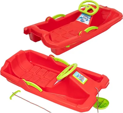 Two red plastic sleds with green steering wheels and handles are shown against a white background.