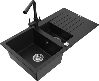 Produktbild von Mexen Matias 1,5-Becken-Granitspüle mit Abtropffläche und Mischbatterie Duero, Schwarz - 6502-77-671600-70