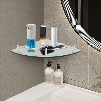 Image de Tablette de douche d'angle - Triangulaire, montage mural - Verre trempé - Rail en acier inoxydable - 1 niveau - Montage par chevilles - Blanc