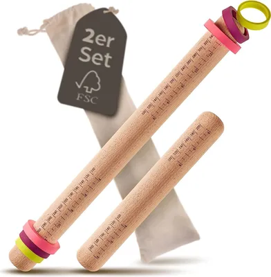 Produktbild von Nudelholz mit Abstandshalter - 2er Set - Teigroller aus nachhaltigemHolz - Für gleichmäßiges Ausrollen
