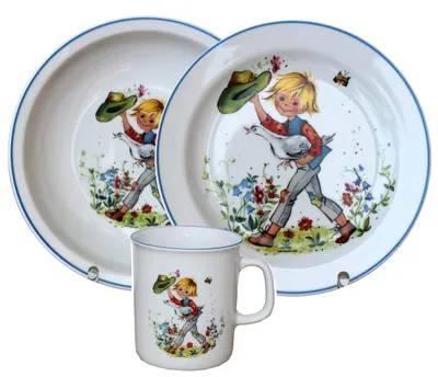 Kindergeschirr 3-teilig Porzellan bunt Märchenmotiv Hans im Glück