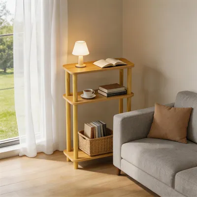 Produktbild von 3 Ablagen Schmaler Beistelltisch,Holz Couchtisch,Kleiner Tisch für Schlafzimmer,Wohnzimmer,Moderner-Design,Einfache Aufbau 40x18x62cm Holzfarbe