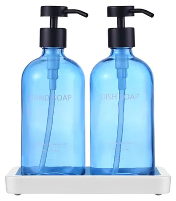Immagine prodotto di Elzusha - Set di 2 dispenser per sapone in vetro con pompa in acciaio inossidabile