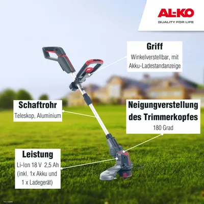 Produktbild von AL-KO Akku-Elektro-Rasentrimmer GT 1825, 18 V Li-Ion Akku (Akku und Ladegerät im Lieferumfang), 25 cm Schnittbreite, Teleskop-Schaft, Tipp-Automatik, inkl. Ersatzfadenspule