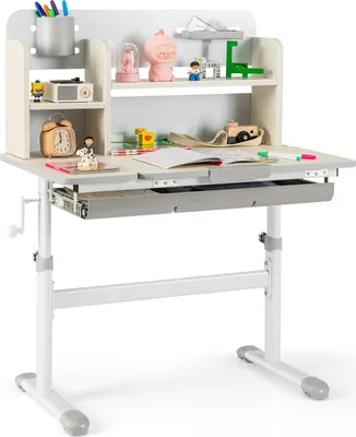 A children's desk with shelves and accessories.