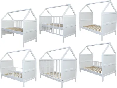 A collage of six different views of a white wooden house-shaped baby bed.