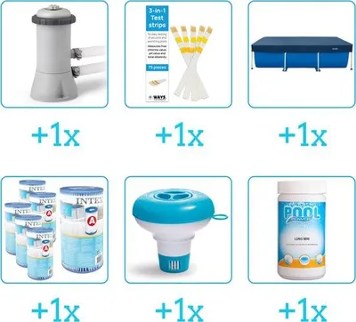 Produktbild von Zubehör für Rechteckbecken - 300x200x75 cm - Rechteckig - 28272NP - Schwimmbadfilterpumpe - Teststangen - Abdeckvorhang - Filter - Chlorgenerator