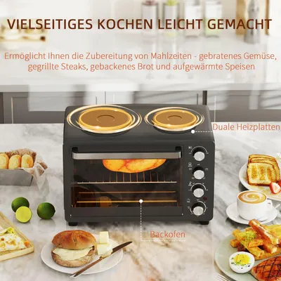 Produktbild von Minibackofen 28 L 2600W Mini Backofen 100-230? 60 Min. Timer, mit 2 Warmhalteplatten, Backblech und Grillrost Pizzaofen mit Krümelblech, Tablettgriff Schwarz Aosom