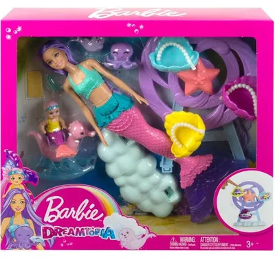 Image de Coffret dreamtopia barbie sirène baby sitter avec bébé sirène + 3 animaux marins + manège - poupée mannequin - mattel - hlc30