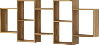 A wooden wall shelf with multiple compartments.