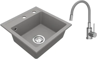 Produktbild von VBChome Granitspüle 44 x 44 cm Grau mit flexibler Armatur Einzelbecken Einbauspüle Gesprenkelt Pflegeleichtes Spülbecken mit Siphon