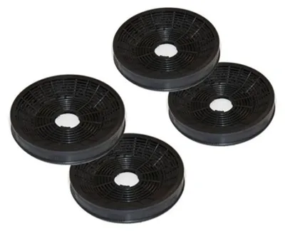 Four black circular charcoal filters are arranged in a diagonal pattern on a white background.