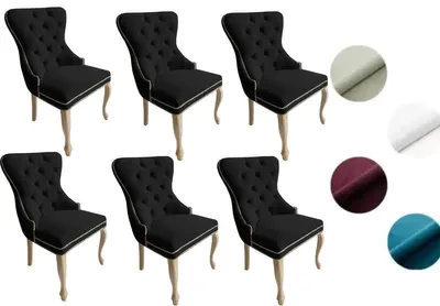 Produktbild von Chesterfield Stuhl MADAME 2 (6 Stück) – eleganter Polsterstuhl im Glamour-Stil, Samt Schwarz, Holzbeine in hellem Rustikal-Finish, Komfortsitz