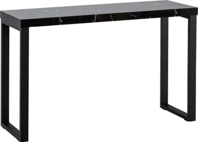 Konsolentisch Marmor-Optik Schwarz Hochglanz mit schwarzen Metallbeinen in Gesamtansicht von vorne.