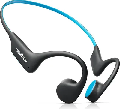 A pair of black and blue bone conduction headphones.