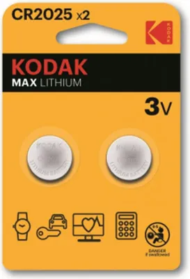 Packaging for Kodak Max Lithium CR2025 batteries.
