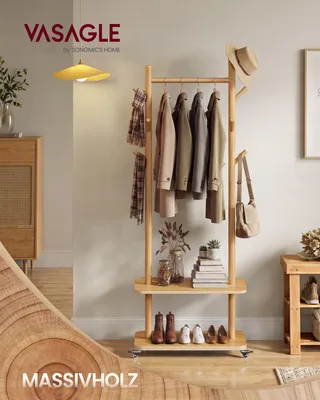 Produktbild von VASAGLE Garderobenständer, 7 Haken, 2 Ablagen, Rollen, Massivholz, Flur, Schlafzimmer, Wohnzimmer, natur