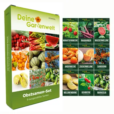 Produktbild von Obstsamen Set - 9 Sorten Samen - Saatgut Sortiment - Anzuchtset für Obst - Geschenkset - Wassermelone, Physalis, Erdbeere, Honigmelone, Melonenbirne, Rhabarber, Goji und mehr