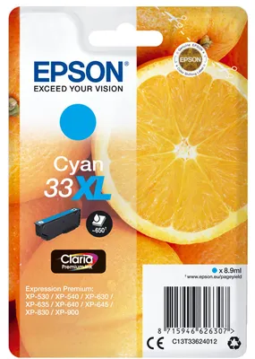 Obrázok produktu pre Epson Oranges Jednofarebný atrament Claria Premium 33XL pomaranče Cyan, High (L) Yield, Azúrová, 8,9 ml, 1 kusov, 650 strany, Balenie po jednom kuse