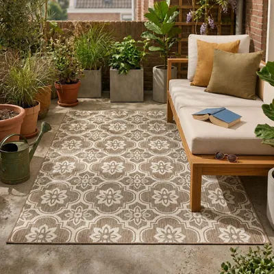 Produktbild von Volero - Outdoor Teppich - Rio Flower Beige - 200x290cm - Balkon, Garten, Terrasse, Wintergarten - Boho
