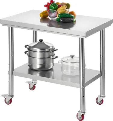 Image de Table en acier inoxydable - Table de travail gastronomique avec roulettes - Plateau 90 x 60 cm - Étagère inférieure réglable en hauteur - Inoxydable - Facile à nettoyer - Pour la préparation des aliments