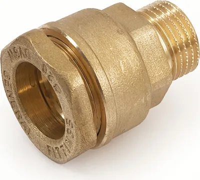 A close-up studio shot of a brass plumbing fitting against a white background.