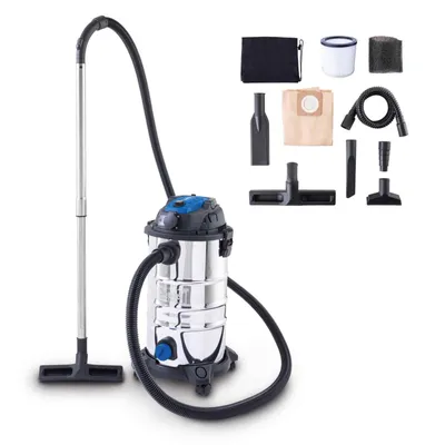 A wet/dry vacuum cleaner and its accessories are displayed against a white background.