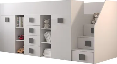Produktbild von Etagenbett für Kinder Toledo 3 Stockbett mit Treppe, Schreibtisch, Bettkasten (Weiß/Weiß Glanz + graue Griffe, Seite: Rechts)