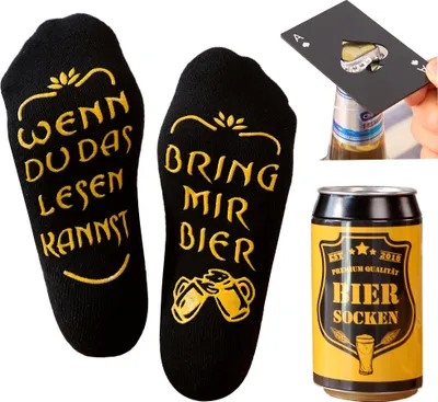 Produktbild von Bier Geschenk für Männer - Bier Socken mit Flaschenöffner aus Edelstahl in schwarzem PIKASS Design