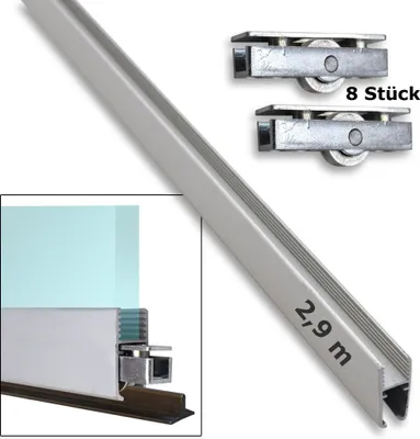 Produktbild von Montageset bestehend aus Aluminium-Montageschiene (2,93 m) für Glasscheiben inkl. 8 Laufrollen