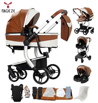 Imagen del producto de Cochecito 3 en 1 para bebé, combinable con portabebés, moisés y silla de auto. Diseño reversible, tapicería de cuero sintético, ruedas antipinchazos y plegable tipo paraguas
