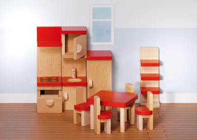Produktbild von Goki Puppenmöbel Küche, natur/rot, Holz, Herd: 14,3 x 10,5 x 8 cm, 9 Teile, 51718