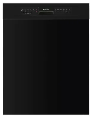 A black Smeg dishwasher with the control panel visible at the top.