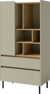 A studio shot of a tall, narrow cabinet with a combination of closed doors and open shelving.