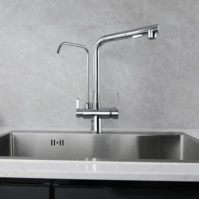 Productafbeelding van 3-weg keukenkraan met uittrekbare sproeier, drinkwaterkraan en gootsteenkraan chroom