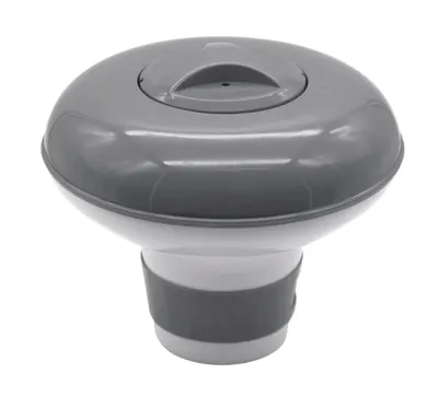 A small, gray and white chlorinator float for a swimming pool.