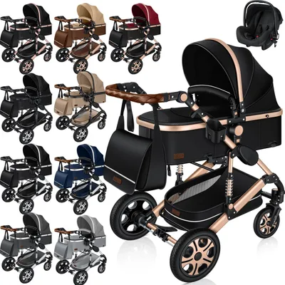 Produktbild von Kesser Kombikinderwagen Modell Loops, Voll-Gummireifen, 3-in-1: Babywanne, Sportsitz, Auto-Babyschale, inkl. Wickeltasche, Regenschutz, Kindertisch. Aufgeklappt: 94x64x119 cm (LBH), Zusammengeklappt: 94x64x30 cm (LBH). Ab Geburt bis 20 kg. Montage ohne separaten Adapter, 4-fach Federung, 360° schwenkbare Vorderräder mit Feststellfunktion.