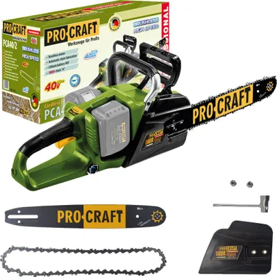 A Procraft PCA40/2 cordless chainsaw and its accessories are displayed against a white background, along with its packaging.