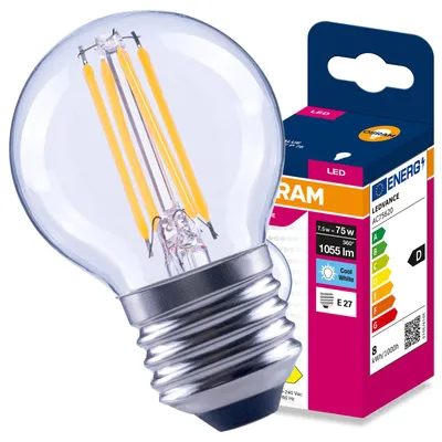 Produktbild von LED-Lampe E27, Kugelform P45, 7,5W = 75W, 1055lm, 4000K (neutralweiß), 300°, Filament, VALUE, Osram, KI-generiertes Bild