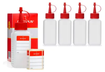 Produktbild von 5 x 100 ml HDPE-Kunststoffflaschen mit roten Dosierverschlüssen