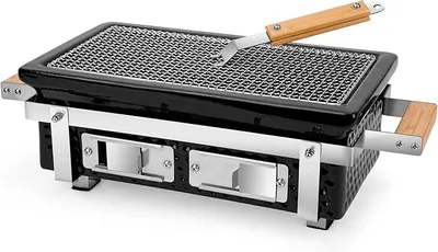 Zdjęcie produktu dla Grill węglowy ceramiczny, prostokątny, bezdymny, mobilny. Grill węglowy do barbecue ze stalową rusztem, idealny do gotowania na zewnątrz i wewnątrz. Kolor: czarny
