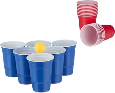 Imagen del producto de Juego de beer pong: incluye 6 pelotas, 50 vasos para beer pong, ideal para juegos de beber. Vasos de 16 oz, color rojo y azul