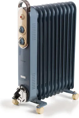 A blue oil-filled radiator heater with beige accents and silver details, shown on a white background.