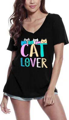 Produktbild von Damen Grafik T-Shirt V-Ausschnitt Katzenliebhaber - lässig niedlich – Cat Lover - Casual Cute – Öko-Verantwortlich Vintage Jahrgang Kurzarm Lustige