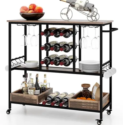 Produktbild von Barwagen – Servierwagen – Getränkewagen – Weinkarren – Rollwagen – Industrieller Vintage-Stil, braun