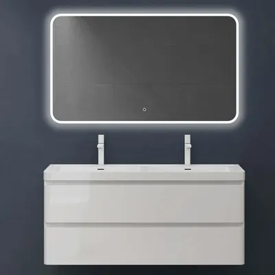 Produktbild von doporro Badmöbel-Set Waschtisch mit Unterschrank Waschbecken mit Waschbeckenunterschrank glänzend weiß 120x48x55cm inkl. Mineralguss-Waschbecken und LED-Spiegel lucca