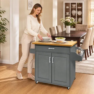Productafbeelding van UISEBRT Serveerwagen, keukentrolley, 115x36x90cm, grijs, keukenwagen van MDF met lades, kast en vergrendelbare wielen, mobiel voor keuken en woonkamer